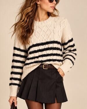 American Eagle Striped Cable Knit Sweater Size M Ivory Preppy Fisherman Fall